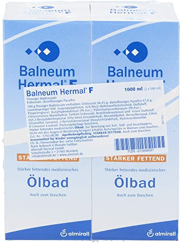 Balneum Hermal F, flüssiger Badezusatz, stark fettendes medizinisches Ölbad, unterstützend bei Hauterkrankungen mit sehr trockener, juckender Haut, mit Erdnussöl, auch für Babys und Kinder, 2x500 ml