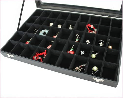 YUDU Boîte à bijoux présentoir accessoires 45 compartiments couvercle en verre noir
