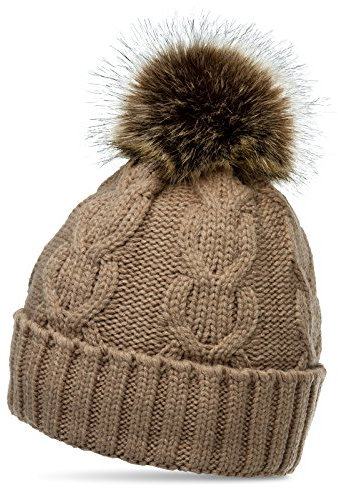 Caspar MU163 Damen Mütze Strickmütze mit tierschutzgerechtem Kunstfell Bommel und klassischem Zopf Strickmuster, Farbe:Schlamm, Größe:One Size