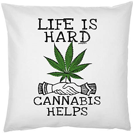 Tini -Shirts Cannabis Sprüche Kissen - Deko-Kissen Marihuana : Live is Hard Cannabis Helps - Kiffer Geschenk-Kissen Hanf/Weed - Kissen ohne Füllung - Farbe: Weiss