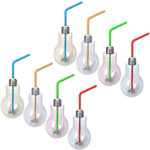 Eaxus 8er Set LED RGB Partyglas Birne mit Deckel und Strohhalm 400ml Party Cocktail Becher Transparent Beleuchtetes Longdrinkgläser Kunststoff Trinkbecher Blinkend