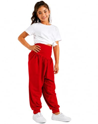 Candid Styles Kids Girls Ali Baba Harem Trousers – Full Length Children Leggings Pants, Soft Stretch, Casual Dance Yoga Pants Red 9-10 Years