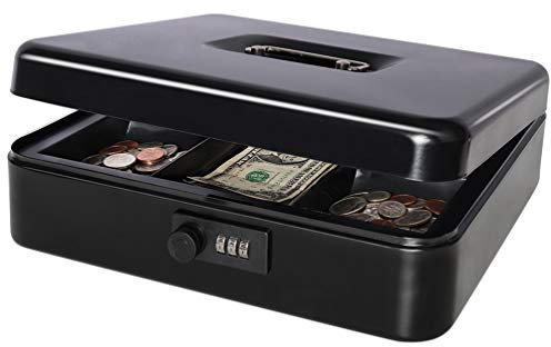 Decaller QH3001L Geldkassette aus Metall mit Zahlenschloss, groß, mit Geldablage, Schwarz, 29,5 x 24,9 x 8,9 cm