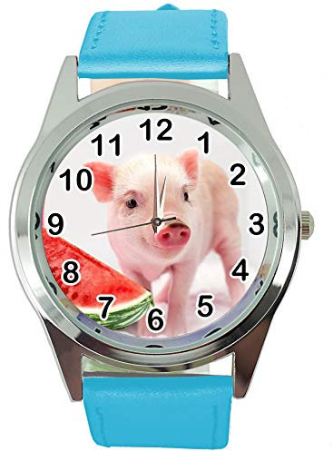 TAPORT® Armbanduhr Analog Quarz mit Echtleder Band blau rund für Ferkel Babe Fans