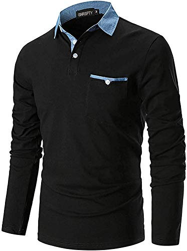 GNRSPTY Poloshirt Herren Langarmshirt Basic Polohemd Denim Nähen Casual Baumwolle Golf Tennis T-Shirt,Schwarz,XL
