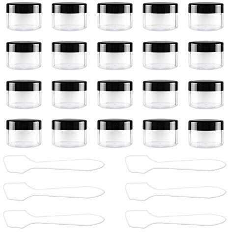 Hnmedia 20 Pieces 15ml Plastic Cosmetics Container Pots with Black Screw Lids/Travel Pots for Cream,Makeups,Lotion,Nail powder,Eye shadow,Medicine,Small Jewelry Storage, Includes 6 Pieces Mini Spatula