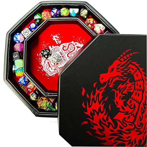 Fantasydice- Fire Dragon - Dice Tray - 20CM Octagon with Lid and Dice Staging Area- Holds 5 Sets of Dice(7 / Standard) For All Tabletop RPGs Like D&D, Call of Cthulhu, Shadowrun. (Red Wizard)