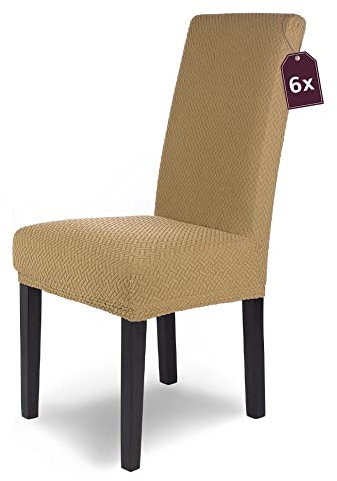SCHEFFLER-Home Stuhlhussen Stretch Luna/Stuhlhussen Beige 6er Set/elastische Flanell Stuhlabdeckungen/Stuhlhussen Schwingstühle/Hussen Stuhl Überzieher mit Gummiband/Stuhlhussen Samt