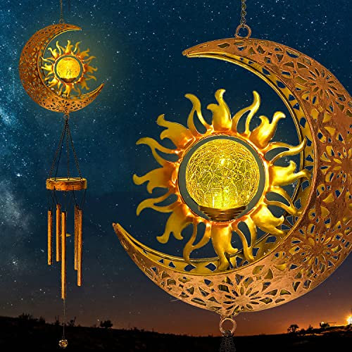Solar Wind Chimes - Sun Moon Crackle Glass Ball Solar Wind Chimes with Amazing Deep Tone Outside Garden Decor for Memorial Gifts, Hanging Outdoor Decor for Yard Patio (44 Heavy-Duty Metal Chimes)