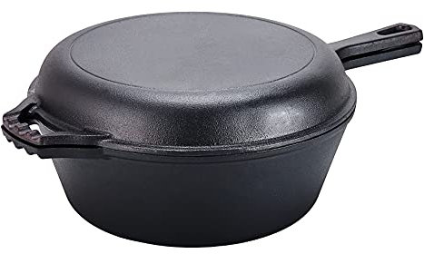 Bruntmor 2-in-1 Pre-seasoned Cast Iron Dutch Oven and Skillet Set -5 Quart Black Cookware with Handles - Dutch Oven with Lid - Enameled Cast Iron Cookware for Braising, Frying, Camping, and Indoor Use