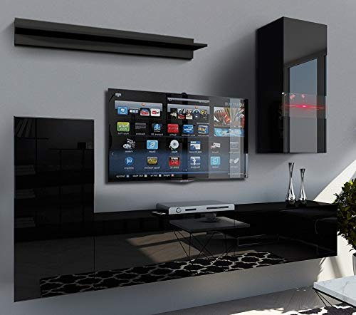 Furnitech Wohnwand Wohnzimmer | Wohnzimmer Möbel mit LED Blau | Hängend Wohnwand Modern | Wohnzimmer Schrankwand mit Regale und TV Schrank (Future 55/HG/B/1 1B)