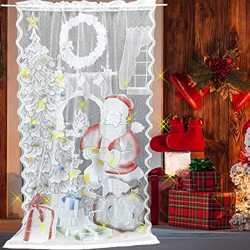 Weihnachts Vorhänge Weihnachts Scheibengardine Gardinen mit LED Spitze Vorhänge Transparent Weihnachtsmann Gardine Beleuchtete Weihnachtsgardine für Küche Badezimmer Tür Weihnachten Deko,101x 213cm