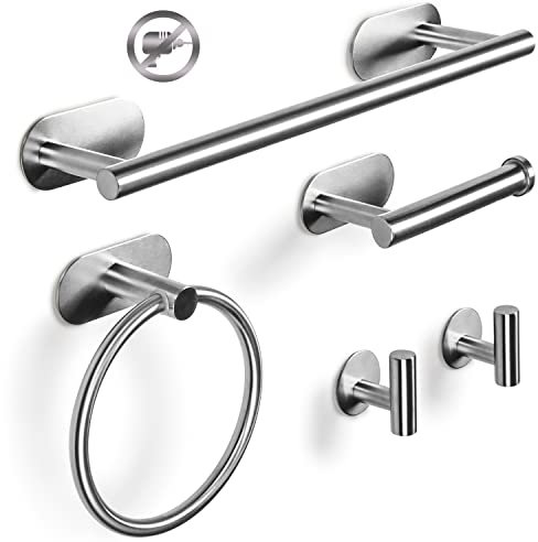 Virklyee Conjunto Toallero Toallero de 5 Piezas: Toallero de Acero Inoxidable Anillo de Toalla Portarrollos para Papel Higiénico 2 Gancho Montado en la Pared Accesorios de Baño Autoadhesivo (Plata)