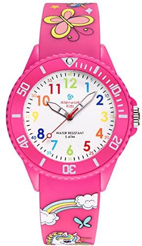 Alienwork Licorne Fille Montre Pédagogique Apprendre l'Heure Enfants Fille Rose Bracelet en Silicone Multicolore Enfants Résistant à l'eau 5 ATM Temps d'apprentissage