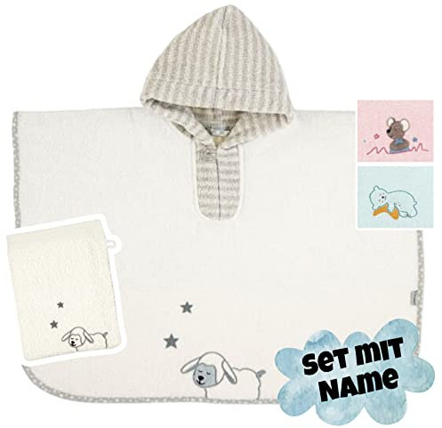 STERNTALER Badeponcho mit Waschhandschuh & Name personalisiert | Bestickt | Kapuzenbadetuch Kinder | Kapuzenhandtuch | Badetuch mit Kapuze | bis 5 Jahre (Stanley Schaf Ecru)
