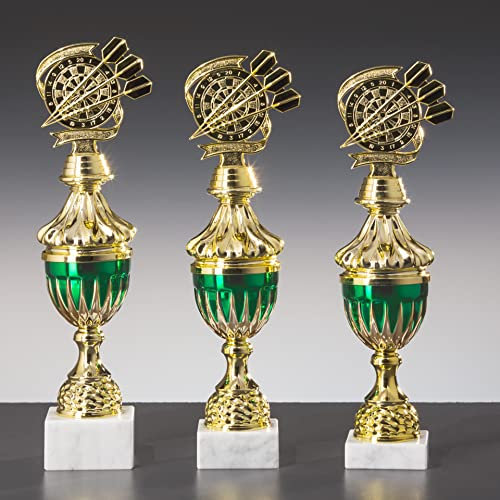 eberin – Dart Pokal in 3 Größen: Trophäe, Award, personalisierbar, Gold/grün, inkl. Gravur, 3er Set Option, auf Marmorsockel