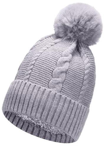 Gadgets Mafia Gorro de invierno para mujer con forro de piel sintética con pompón para mujer, gris, Talla única