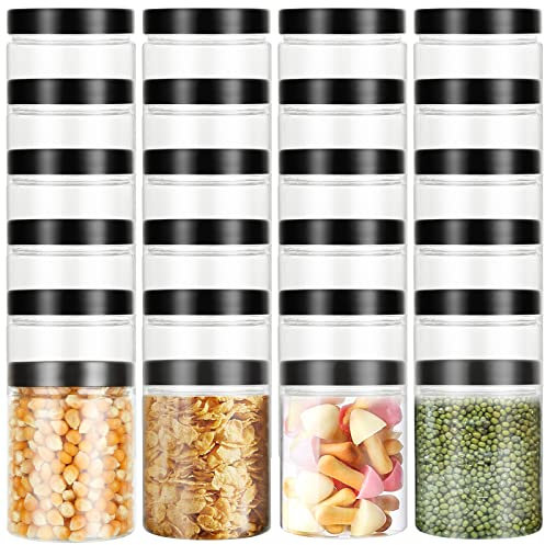 AKOLAFE 24PCS Plastic Jars 250ml Clear Storage Jars with Lids, Clear Jam Jars Small Plastic Jars with Black Screw Lids, Round Craft Storage Jars with Lables for Crafts, Cosmetic and Kitchen Storage