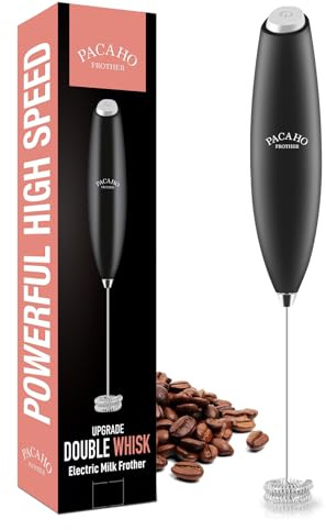 PACAHO Powerful Milk Frother with Double Whisk, Handheld Electric Foam Maker, Hand Mixer Wand, Portable Mini Blender Foamer Stirrer for Coffee, Latte, Matcha,Hot Chocolate
