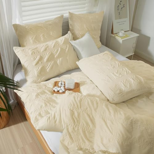 YASMENG Seersucker Bettwäsche 135x200 4teilig Beige Gelb Kariert Bettbezug Set Mikrofaser Bettwäsche Sommer Weich Flauschig Atmungsaktiv Deckebezug mit Reißverschluss und 2 Kissenbezüge 80x80 cm
