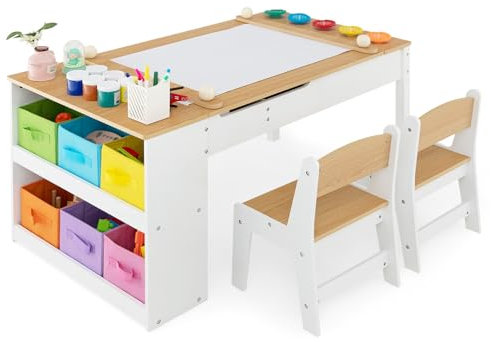DREAMADE 3 in 1 Kindertisch mit 2 Stühlen aus Holz, Kinder Maltisch mit kippbarer Tischplatte & 6 Stoffboxen & Papierrolle, Kindersitzgruppe mit Stauraum für Kinderzimmer (Natur,mit 2 Ablagen)