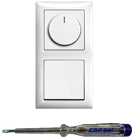 Busch Jäger 6523U-102 LED Drehdimmer Dimmer + Dimmerscheibe 2115-914 und Kreuzschalter 2000/7 US in Balance Si alpinweiß glänzend inklusive EBROM Phasenprüfer zur Montage der Geräte (6523 U – 102)