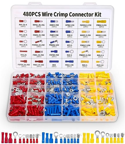 480 Pezzi Connettori Elettrici,30 tipi connettori capicorda elettrici ferro con isolanti,Vanga e Anello Isolati Assortimento Capicorda Set,forcella vanga anello connettore con scatola assortimento