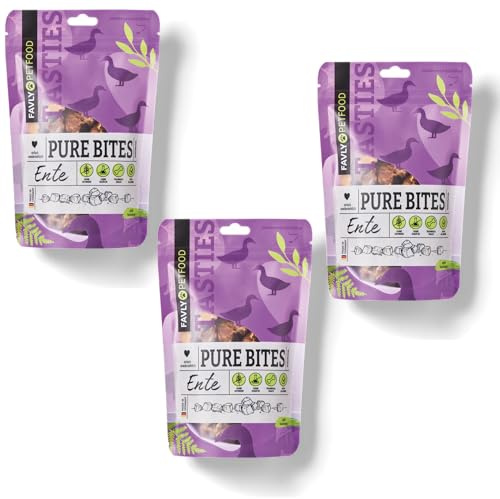 FAVLY Pure Bites Ente 3x120g, softe Hundeleckerli, Monoprotein | 96% Fleischanteil, getreidefrei & zuckerfrei, für Allergiker geeignet, ideal als Trainingsleckerli, hohe Akzeptanz