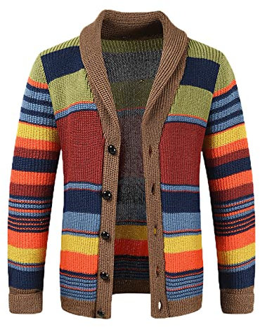 AMhomely Mens Knitted Jumper Ethnic Knitted Sweater Cardigan Jacket Casual Rainbow Stripe Color Cardigan Sweater Contrast Color Knitwear Long Sleeve Top Coat Knitwear Knit Men Office Work Pink M
