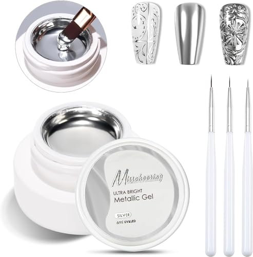 Jutqut 6ml Metallic Painting Gel, Silver Metal Painted Gel Nail Polish, Chrome Gel Nail Polish, Mirror Nails Finish, 3D Holographic nail polish with 3pcs Nail Art Brushes