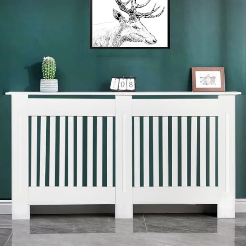 Large Radiator Cover White Vertical Slatted Modern Radiator Shelf Heating Cabinet to Hide-out Radiator, Freestanding Radiator Cabinet for Living Room Bedroom Hallway - H: 82 / W: 152 / D: 19 cm