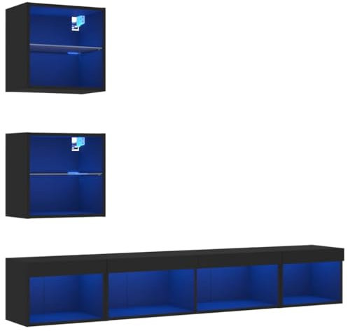 vidaXL Wohnwand 5-TLG., Schrankwand mit viel Stauraum, Anbauwand mit LED-Beleuchtung, Wandmontage Fernsehschrank Wohnzimmer Set, Schwarz Holzwerkstoff