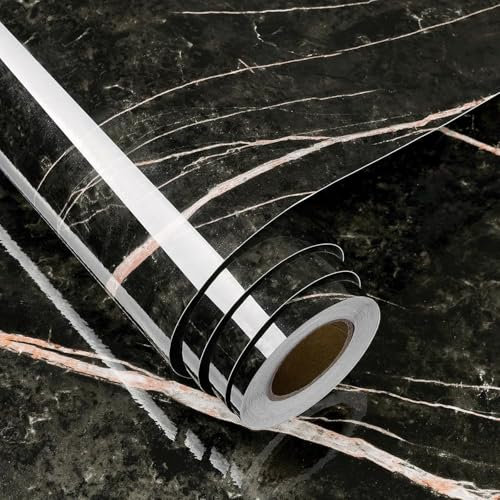 FunStick 60CM×5M Marmor Folie Selbstklebende Tapete für Arbeitsplatte Schwarze Klebefolie Möbel Marmor Wandtapete für Wohnzimmer Wasserdicht Klebefolie Marmoroptik Schwarz Rosa Möbel Klebefolie Küche