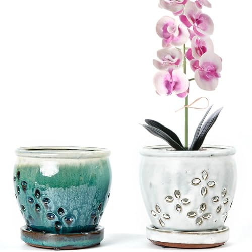 NiSevenLiving Vasi per orchidee con piattini attaccati da 10 cm, 2 piccoli vasi in ceramica per orchidee per rinvaso, fioriera decorativa in ceramica per orchidee con foro per una crescita sana delle
