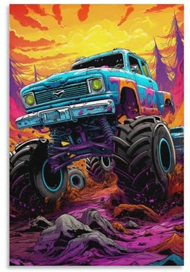 FOCCAR Coole Monster-Truck-Wandkunstdrucke, Cartoon, bunt, Extrem-Rennbilder auf Leinwand, Poster, Wanddekoration für Schlafzimmer, Heimdekoration