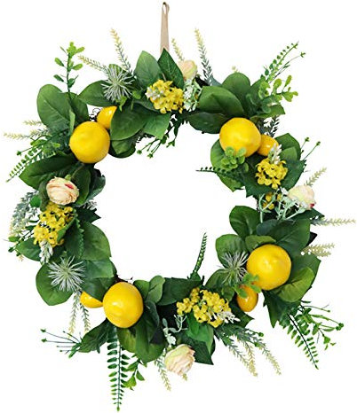 Corona di Limone Artificiale in Rattan da 16,5 Pollici di Diametro, Cartello di Benvenuto, Ghirlande di Limone per Tutti i Giorni con Foglie, Rose, Mini Fiori, Ghirlanda Primaverile Ed Estiva(Verde)