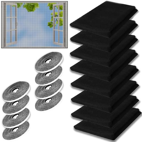 8 Stück Fliegengitter Fenster, Zuschneidbar auf Fenstergrößen bis 130x150cm mit 8 Rollen Selbstklebend, Selbstklebendes Moskitonetz für Fenster, Insektenschutz Fensternetz, Schwarz