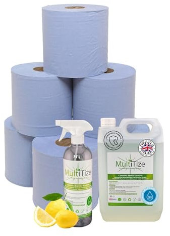 MultiTize Eco Friendly Multi Surface Antibacterial Disinfectant Cleaner (5L Tub) + Spray Bottle + 6 x 2 Ply Blue Centerfeed Rolls.