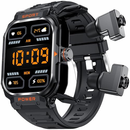 Montre Homme Connectée Militaire Sport avec Ecouteurs Bluetooth sans Fil Appel Clair Intégré Montre TWS Montre Sport Homme Smartwatch Appel IP67 Etanche Montre Intelligente Waterproof Ronde