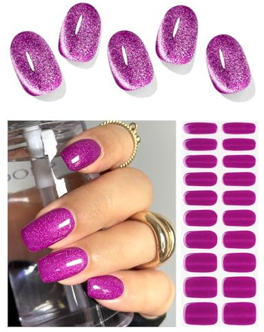 AutyaMee Semi Cured Gel Nail Strips (Purple Cat Eye), 20 Pcs Gel Nail Wraps, Stickers, UV Light Required, Salon Quality, Long Lasting