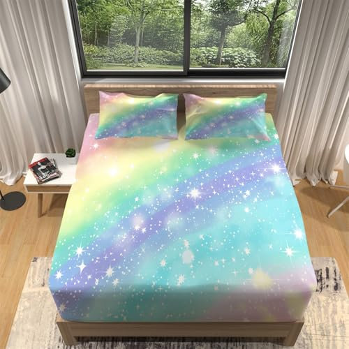 Spannbettlaken Regenbogensterne Und Glitzer Spannbettuch weichem Microfaser Premium Atmungsaktivem Hochwertiges rutschfeste mit Gummizug Spannbettuch Farbig 180 x 200 cm