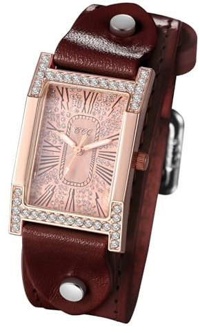 JewelryWe Damenuhr Rechteckig Leder Uhr: Steampunk Vintage Analog Quarz Armbanduhr Damen Braun PU Lederarmband Zirkonia Diamant Uhr mit römischen Ziffern Eckigem Zifferblatt