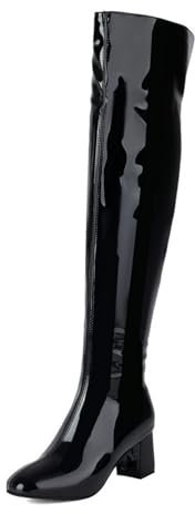 WOkismD 6CM Lucido in Pelle Verniciata Chunky Tacco Alto Lato Cerniera sopra Il Ginocchio Stivali Cavaliere Stivali,Nero,47 EU