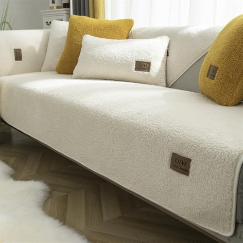 Velvet Sofa Cover, 1/2/3/4-Seater, Non-Slip Sofa Cover in L-Shape, Corner Sofa/Couch Cover, Sofa Protection for Pets/Dogs, Ultra-Soft (110 x 180 cm,Cremefarben)