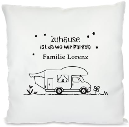 AWASG Kissen mit Spruch Camping - Personlisiert mit Name - Dekokissen 40 x 40 cm mit Füllung - Zuhause ist da wo wir Parken (weiß/himmelblau)