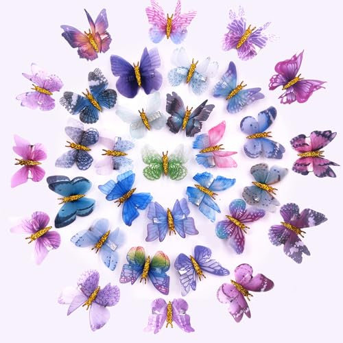 32 Stück Schmetterling-Haarclips, BetterJonny 3D Glitzer Schmetterling Haarspange Haar Clips Set Haarschmuck Mädchen Schmetterlin Haarklammer für Mädchen Damen Haarschmuck Blau Lila
