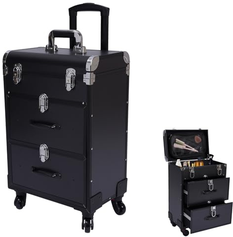 3 Etagen Kosmetikkoffer Trolley, Mehrschichtiger Schminkkoffer mit 2 Schubladen, Friseurkoffer, Makeup-Koffer mit Räder, Damen Nägel Koffer, für Maskenbildner, Friseure, Nageltechniker und Kosmetiker