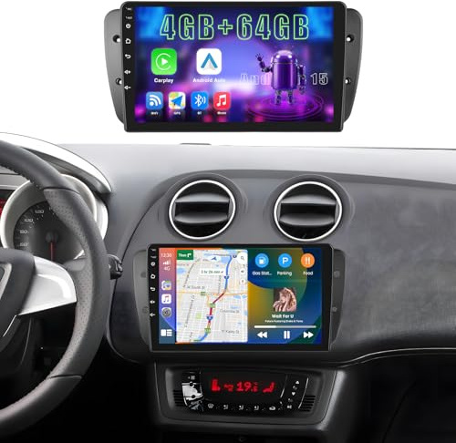 Fuluku 4+64G 9 Android 15 Radio Coche para Seat Ibiza 2009-2013 | Wireless Carplay Android Auto, Pantalla Táctil 9 Pulgadas Bluetooth 2 DIN con GPS, WiFi, RDS FM, EQ, Cámara de Visión Trasera