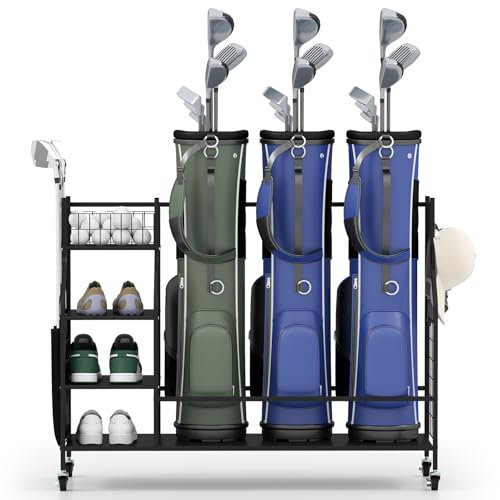 GYMAX Golf Storage Rack, Extra Large Golf Bag Stand Storage Rack with Lockable Universal Wheels and Removable Hooks, All-in-1 Golf Garage Organizer for Golf Clubs (120 x 42 x 94cm)