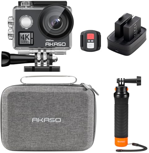 AKASO V50 Elite Action Cam,4K60FPS 20MP Unterwasserkamera mit Schwimmender Handgriff und Tasche WiFi mit Touchscreen EIS 40M Sportkamera 8X Zoom Sprachsteuerung Fernbedienung Zubehör Kit